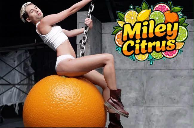 Gardener swinging on a chain above a giant orange